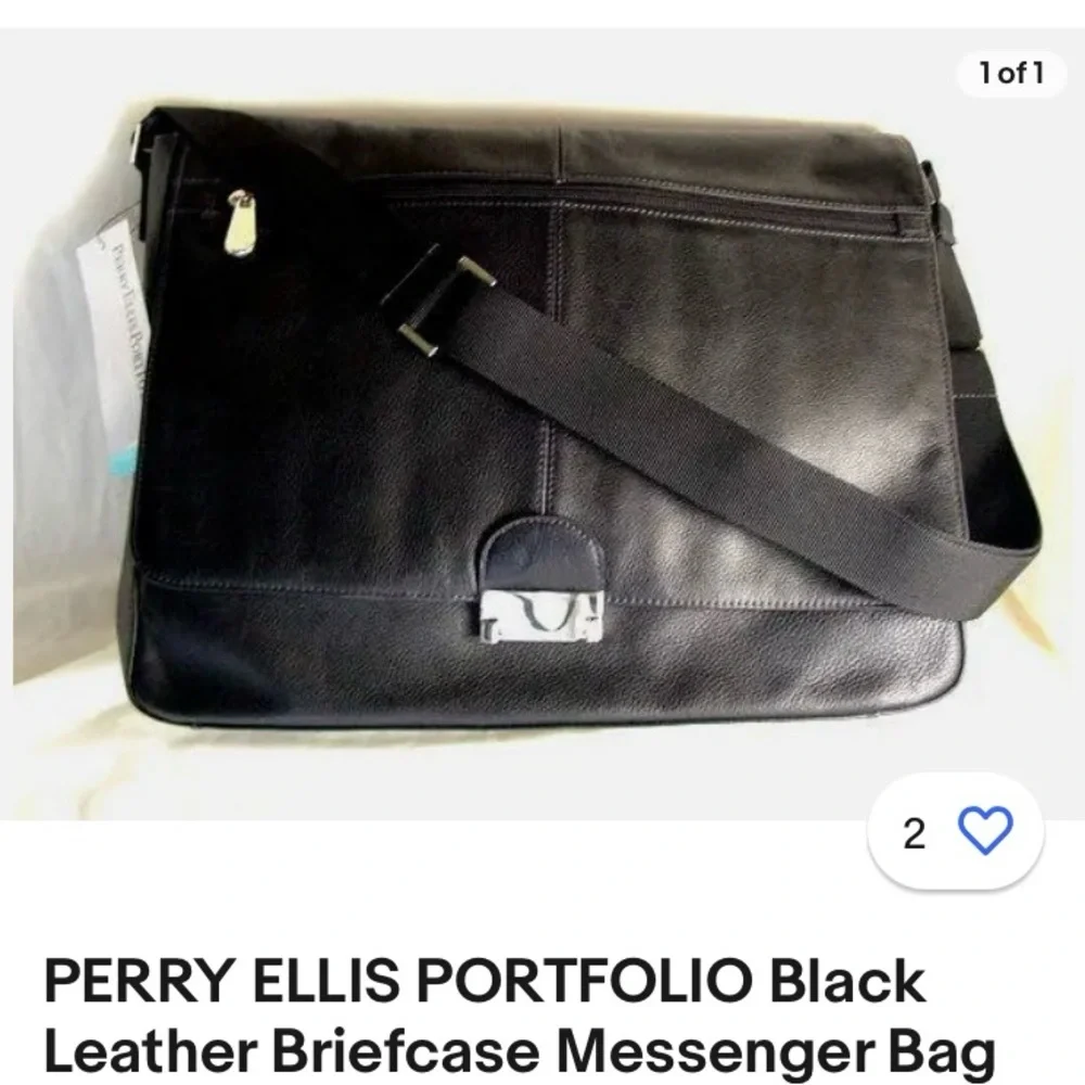 PERRY ELLIS POLFOLIO Black Leather Briefcase Messenger Bag UNISEX